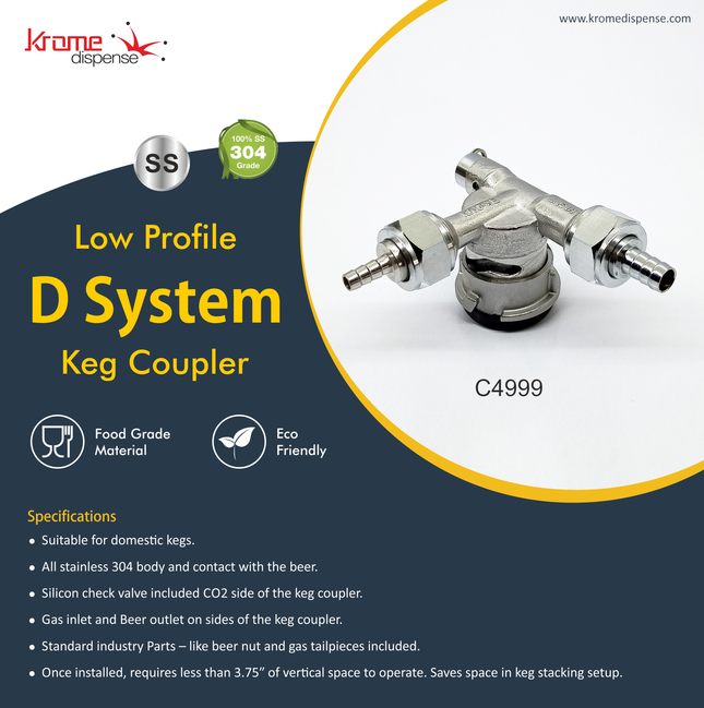 Low Profile D System Keg Coupler – Stainless Steel- NSF Certified